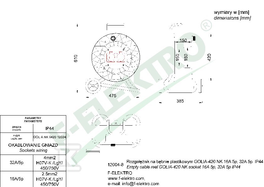 Rozgałęźnik bębnowy, GOLIA-420 NK 2x32A - 12004-7